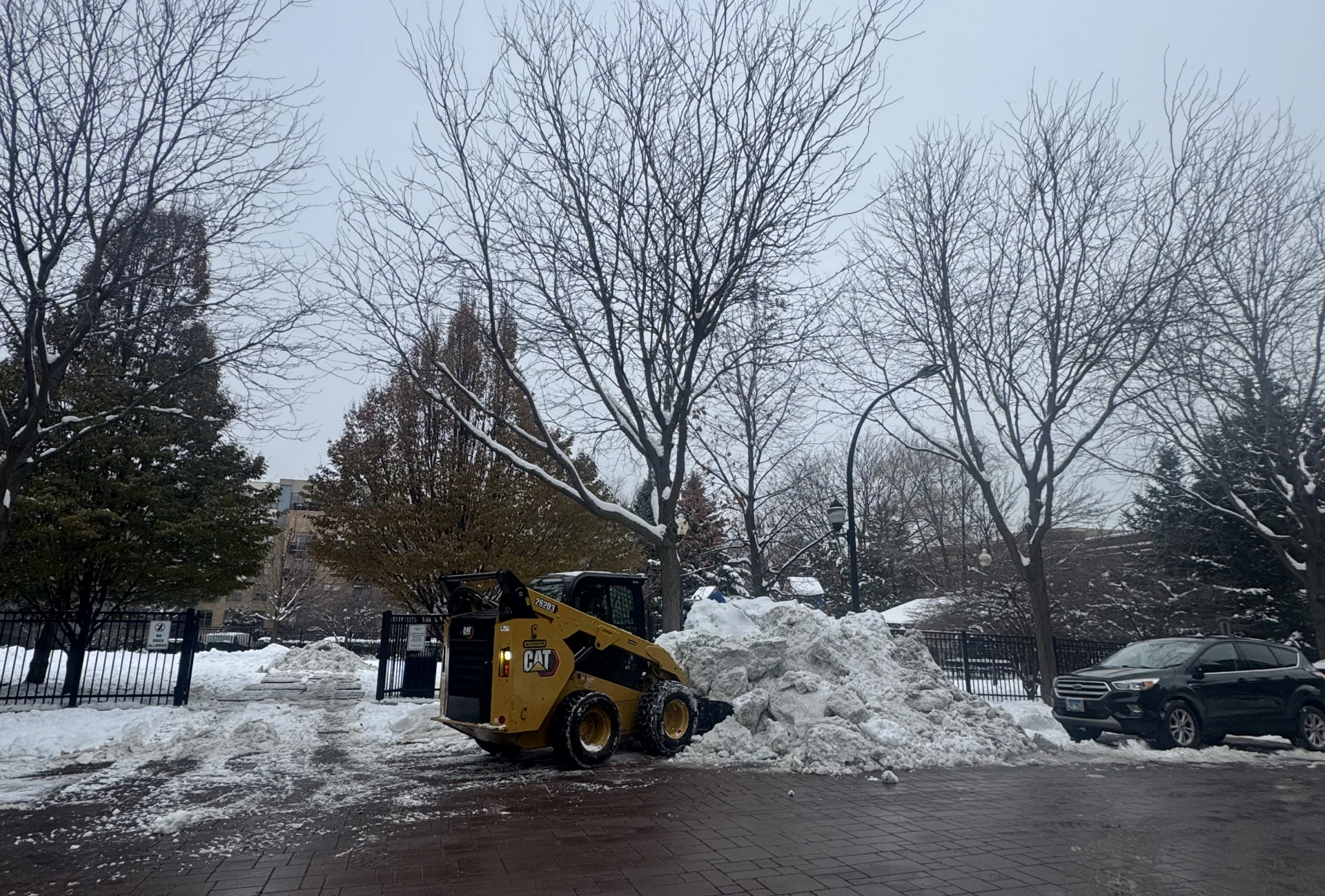 A loader clearing snow in a park during winter.